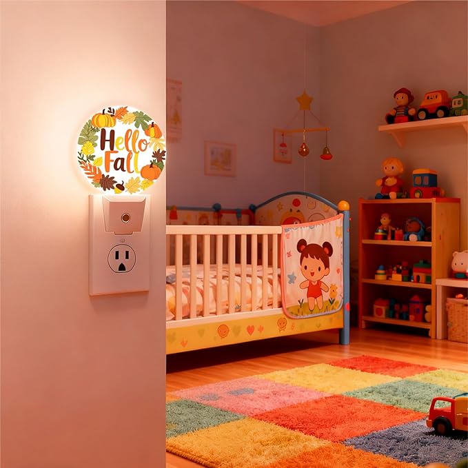 Mugod Hello Fall Plug-in Nightlights Autumn Leaves Maple Pumpkin Night Light Plug into Wall with Dusk-to-Dawn Sensor LED Lighting 0.5W Sleep-Friendly