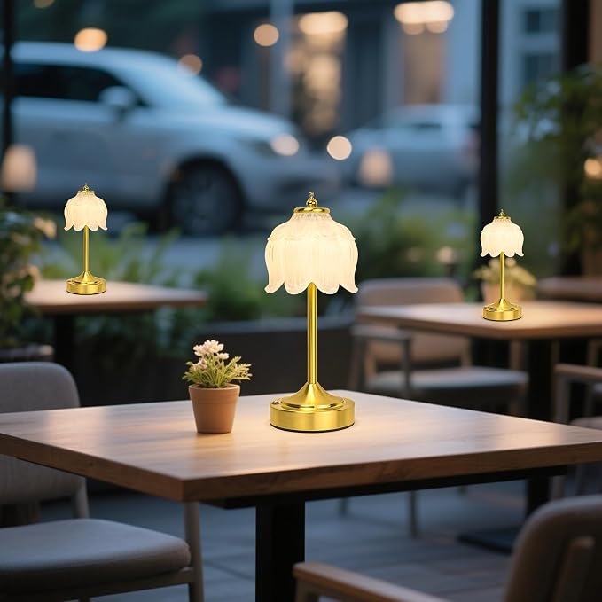 Cordless Table Lamp, Rechargeable White Glass Lotus Flower Lamp | 5200mAh touch lamp with 3 color modes and stepless dimming, battery operated lamp for nightstands and kitchen counters