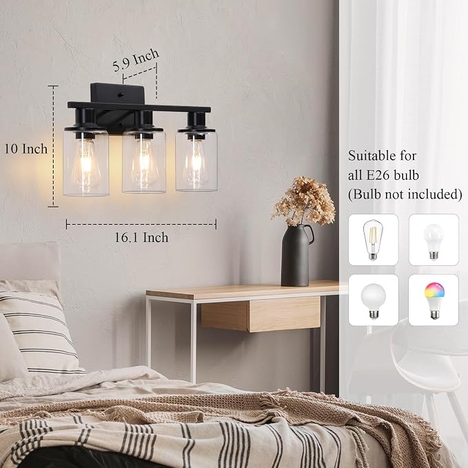 Matte Black Bathroom Light Fixtures Over Mirror,3-Light Bathroom Vanity Light with Clear Glass Shade,Modern Farmhouse Wall Sconces Lighting for Mirror Kitchen Living Room Cabinet
