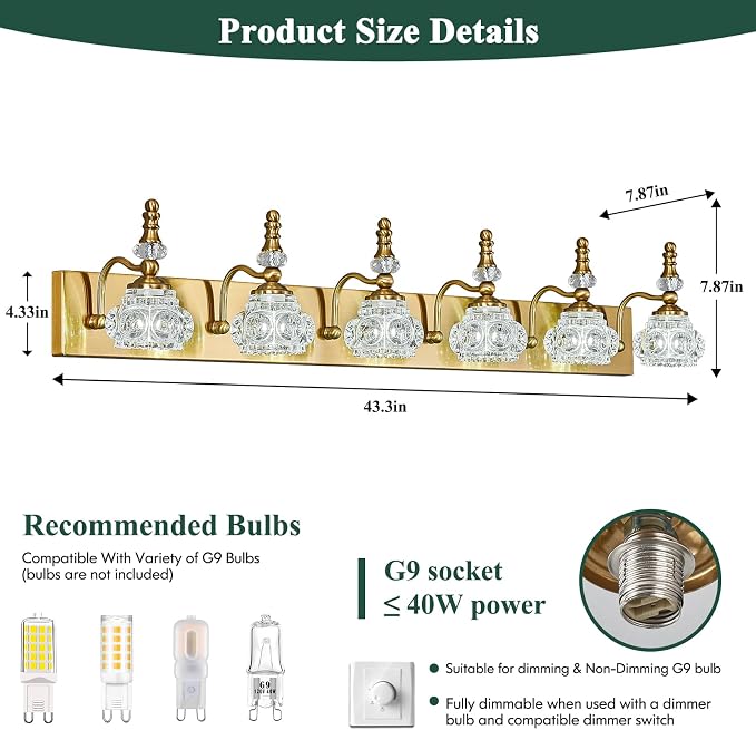 Modern Glass Crystal Vanity Light - Vintage Bathroom Lighting Fixtures Over Mirror 6 Light Vanity Lights G9 Bulb (43.3 Inch, Gold)