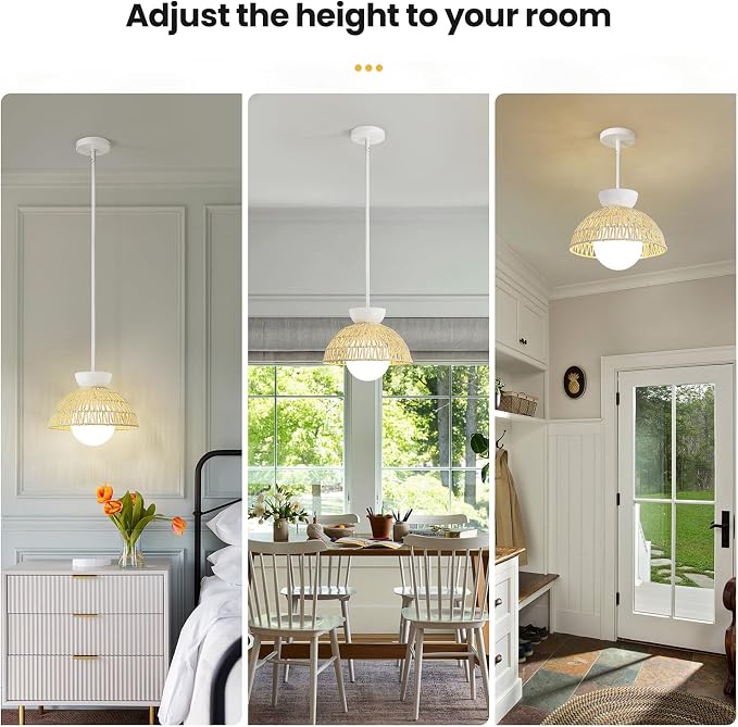 AIJIASI Rattan Pendant Light, 11.8" Hand Woven Boho Pendant Light Fixture with Milk Glass Globe, Gold Kitchen Pendant Lighting Over Island Adjustable Chandelier for Dining Room Hallway Foyer
