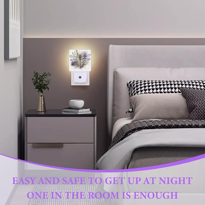 Watercolor Dragonfly Night Light, Plug-in Night Lights with Dusk-to-Dawn Sensor for Bedroom,Bathroom and Living Room Sleep Friendly lamp 0.5w