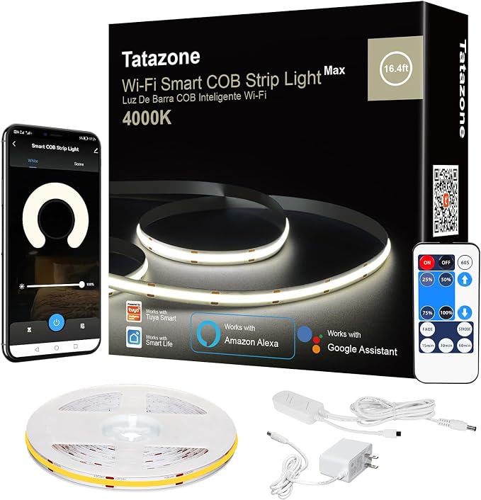 Tatazone WiFi Smart White COB Led Strip Light with Remote | 16.4ft, 4000K, Work with Alexa and Google, Timer, Group Control, Dimmable Neutral White for Cabinet, Room, Kitchen, Shelf