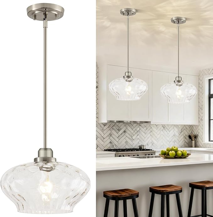 Modern Pendant Lights Kitchen Island, Brushed Nickel Pendant Light Fixtures with 11" Clear Hammered Glass Shade, Industrial Hanging Pendant Lights Fixture for Kitchen Island Dining Room Hallway Foyer