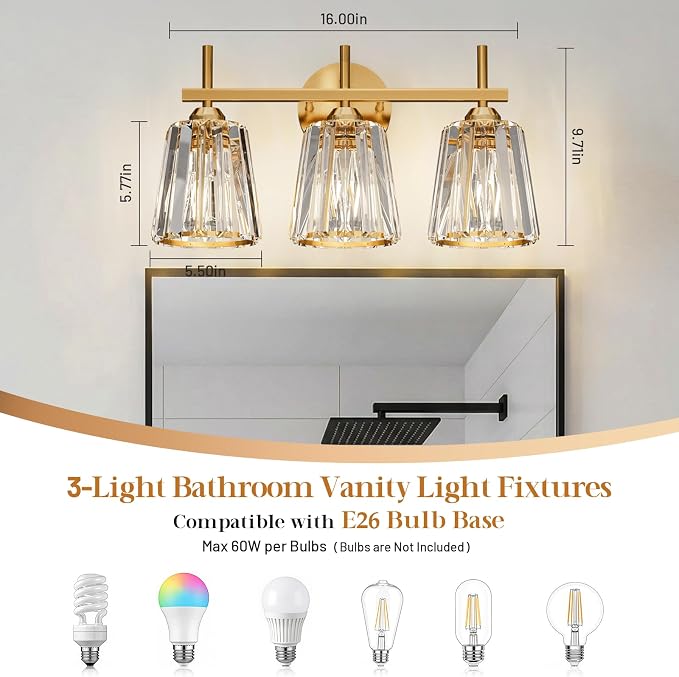 Crystal Bathroom Light Fixtures Over Mirror, Gold 3-Light Bathroom Vanity Lights Over Mirror Modern Wall Lighting Sconces with Ceramic E26 Base (Bulbs Not Include)
