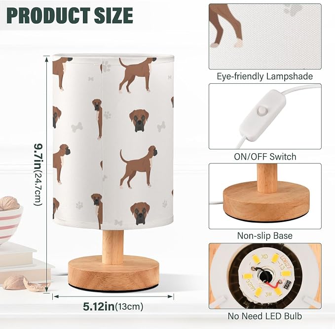 Table Lamp Boxer Dog Pattern Nightstand Lamp with Wood Base Fabric Lamp Shade Bedside Desk Lamp for Living Room Bedroom Kids Room Office