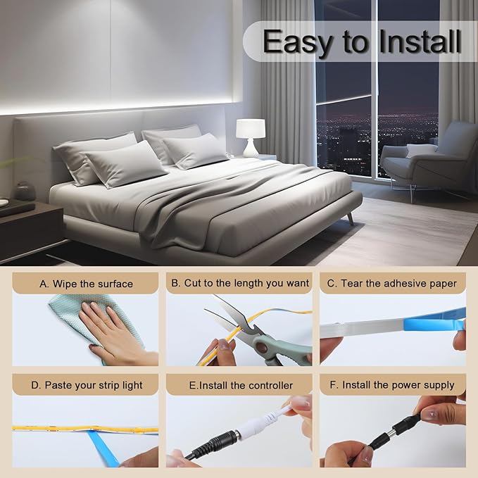 COB LED Strip, 16.4ft LED Strip Light, 24V White LED Strips, Dimmable LED Lights with Remote for Bedroom, Kitchen, TV, Mirror, Cabinet, DIY Decoration