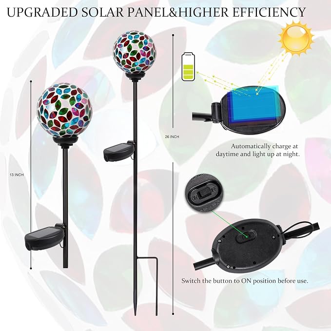 VCUTEKA Decorative Solar Garden Lights, 3.5" Mosaic Globe Outdoor Stake | Mosaic Glass Globe Design, Solar LED Light, Waterproof Design, Auto On/Off and Metal Stake Design for Lawn and Patio