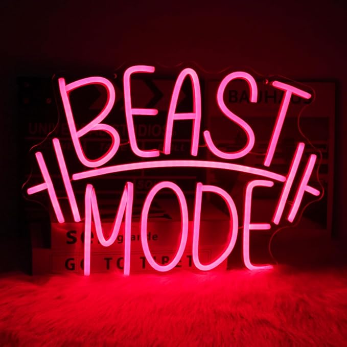 Beast Mode Neon Signs for Wall Decor Red Letter LED Neon Light Gym Neon Sign Barbell LED Neon Lights Signs Dumbbell Neon Wall Sign for Bedroom Gym Sports Room Fitness Club Decor