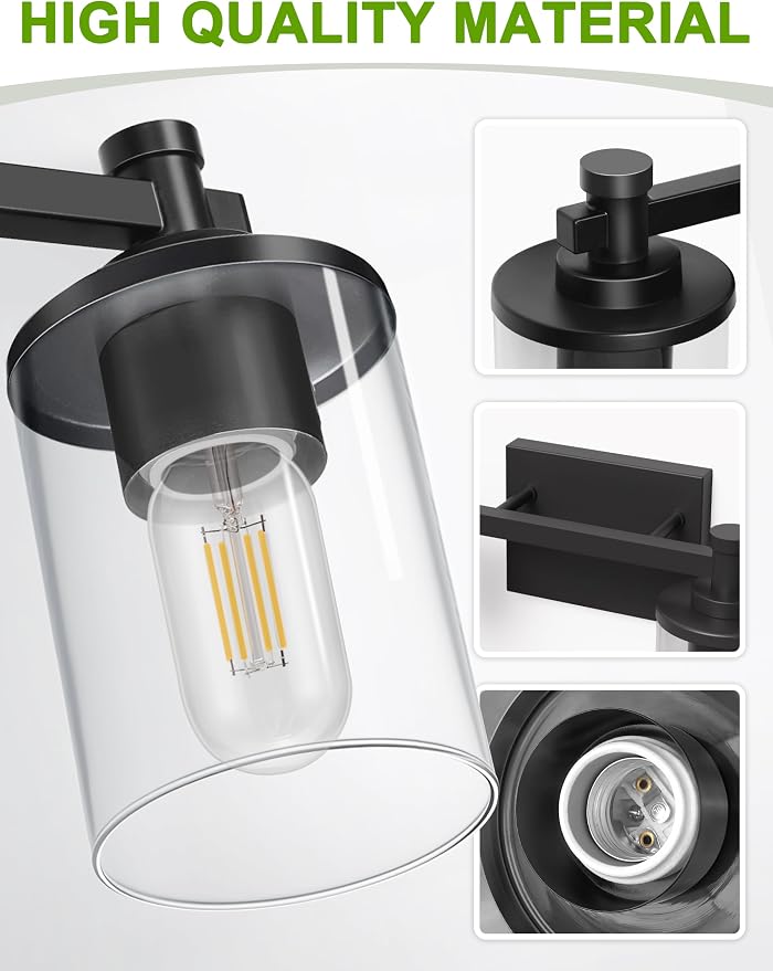 Bathroom Light Fixture, Bathroom Vanity Light Over Mirror, 6-Lights | Vanity Lights for Bathroom, Modern Lighting Fixtures with Clear Glass Shade, Black Vanity Lights, ETL Listed