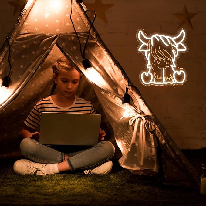 Highland Cow Neon Sign | Dimmable, 11.4 x 12.6 inch, USB Powered, Wall Art Decor, For Room Office Bar Garage,Warm White