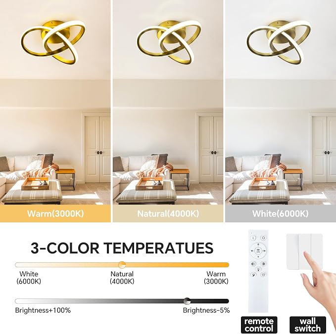 10 Inch Modern Ceiling Light, 24W LED Dimmable Ceiling Light with Remote Control, 3000-6000K Color Temperature Adjustable, Gold Small Chandelier for Bedroom, Entryway, Hallway, Kitchen