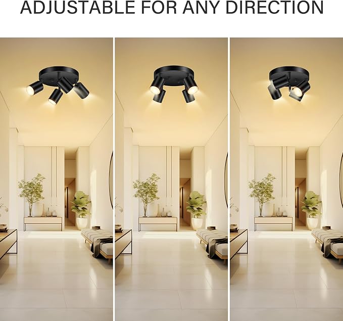 AUQUEE LED 4 Light Track Lighting Kit, LED Track Lighting Fixtures, Black Round Ceiling Spot Lighting, Flexibly Rotatable Light Head for Kitchen, Living Room, Bedroom, GU10 Bulb Not Included