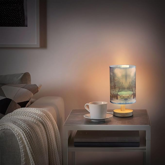 Table Lamp Octopus Pirate Ship Sea Monster Tentacle Sailboat Night Ocean Wave Nightstand Lamp with Wood Base Fabric Lamp Shade Bedside Desk Lamp for Living Room Bedroom Kids Room Office