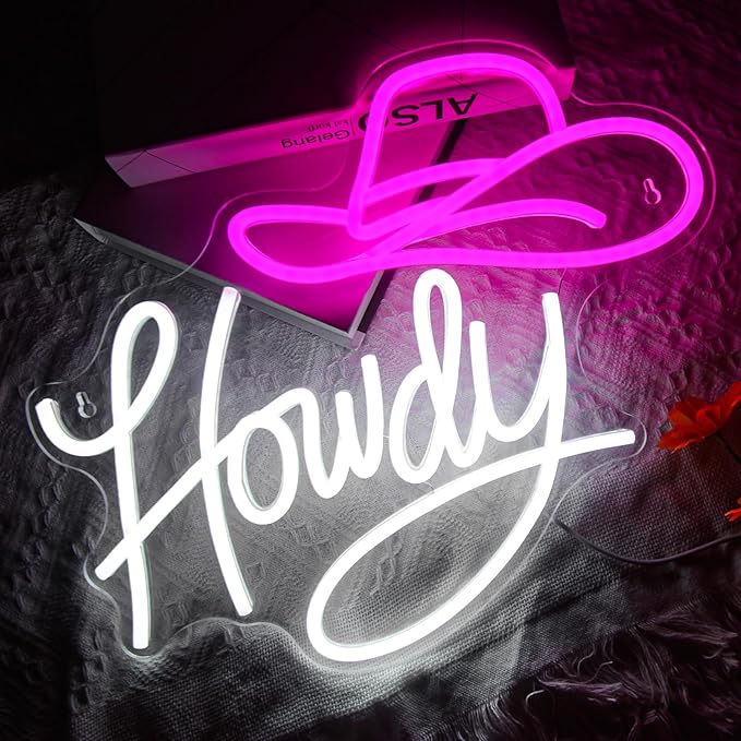 Cowboy Hat Neon Sign Howdy Neon Sign for Wall Decor Dimmable Western Cowboy LED Neon Light for Office Rustic Home Man Cave Beer Bar Cafe Recreation Room Girls Club Gameroom