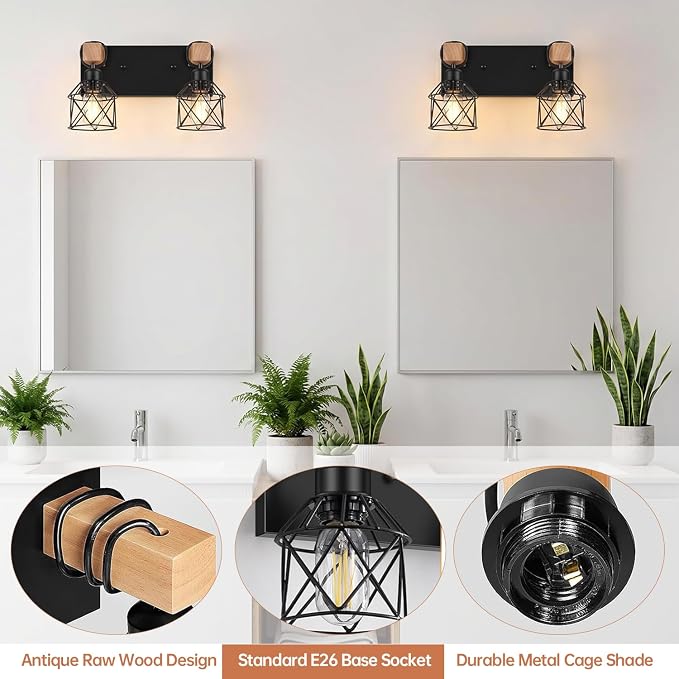 2-Light Farmhouse Vanity Light Fixture, Wood Bathroom Light Fixtures Over Mirror, Industrial Black Vanity Light with Metal Lampshade for Bedroom Hallway Living Room