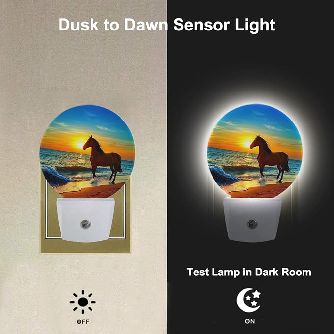 Beautiful Sunset Nightlight Brown Horse Running by The Sea Night Lights Plug into Wall Dusk to Dawn Sensor Round Night Light for Adults Boys Girls, 0.5W Energy Efficient
