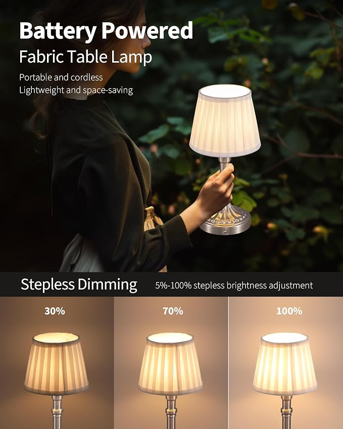 KDG Nickel Cordless Table Lamps Set of 2, Beige Fabric Shade Desk Lamp | Portables 4000mAh Battery Powered, Small LED Lighting, 2700K Stepless Dimmable, Light for Living Room, Dining Room, Bedroom