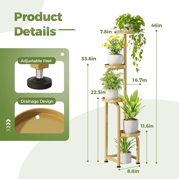 Bamworld Corner Plant Stand Indoor Outdoor Tall Metal Flower Pot Stands | 4 Tier Gold Heavy Duty Plant Shelf for Patio Garden Balcony Living Room Bedroom(Patent Design)