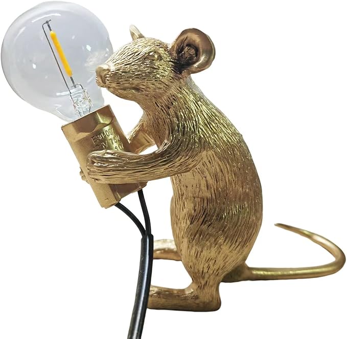 Modern Cute Art Mouse Table Lamp Children's Bedside Gift Mini Mouse Lamp LED Resin Animal Small Mice Desk Lights (Gold Sitting)