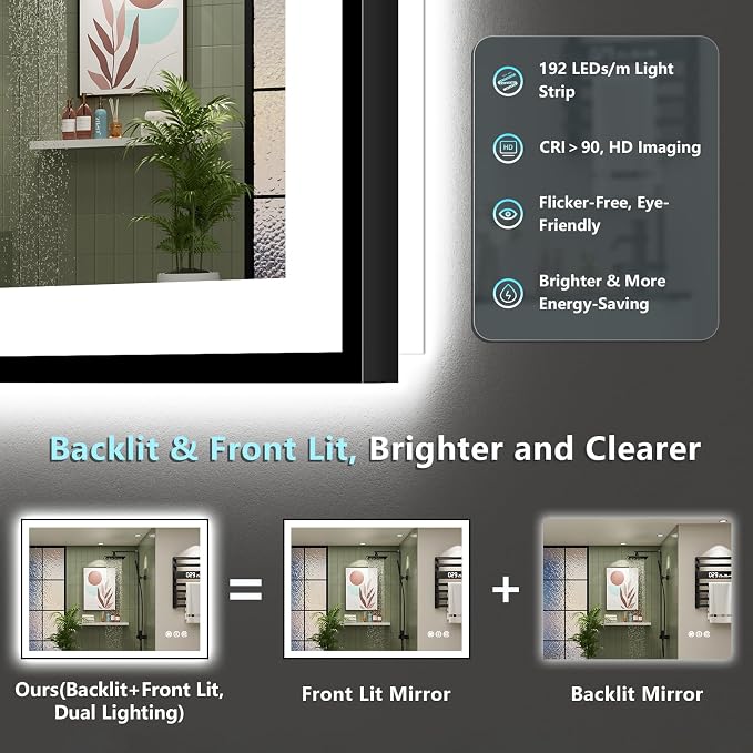 44x30 Black LED Bathroom Mirror, Backlit & Front Lit Lighted Mirror | Metal Framed Anti-Fog Vanity Mirror with Lights, 3 Color Dimmable, Memory, Tempered Glass, CRI95, IP54, Horizontal/Vertical
