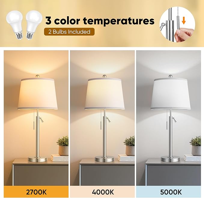 Bedside Table Lamps Set of 2, Tall Silver Table Lamps for Living Room, Height Adjustable Nightstand Lamps for Bedroom, Modern Lamps with Pull Chain for End Table Office(Bulbs Included), Sand Nickel