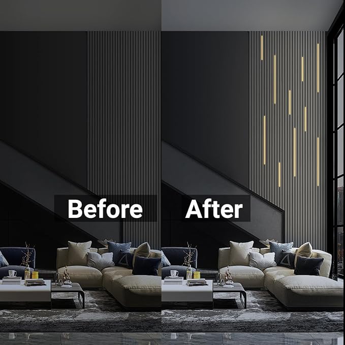 HAMRVL Black Wall Panel Lights - 10pcs 3000K Warm White Slat Wall Lights with Touch Control, Dimmable Self-Adhesive LED Recessed Lighting for Wood Slat Wall Panel, Media Wall, Bedroom, Living Room