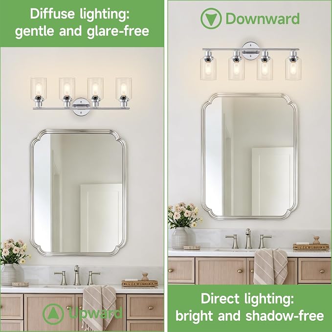 4-Light Bathroom Light Fixtures, Modern Chrome Vanity Lights for Bathroom with Clear Glass Shade, Wall Lamps for Mirror Hallway Kitchen Cabinet Living Room Sconces Lights