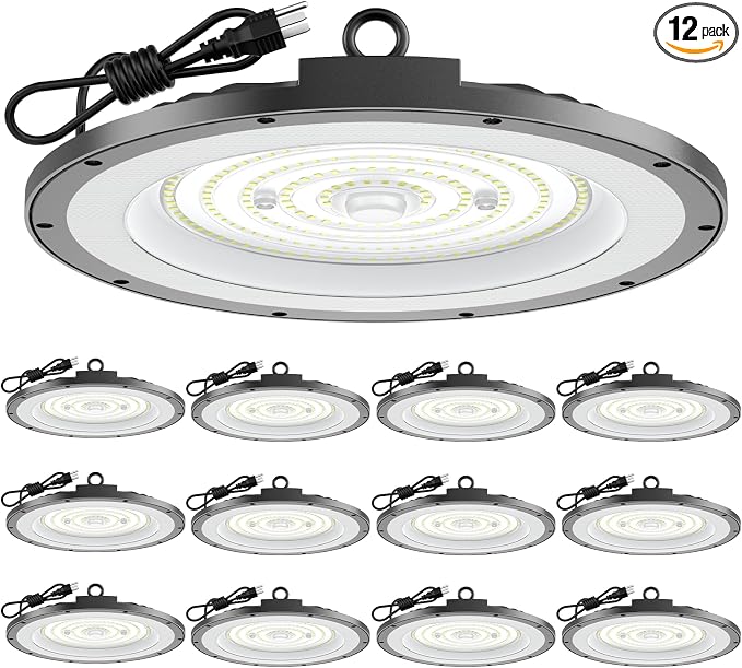 AIKVSXER 300W UFO High Bay Light 12 Pack, 6000K LED Shop Lights Plug & Play | 45000LM Commercial Bay Lighting IP65 Waterproof Garage Light, CRI>85 No Flicker, 120° Beam Angle, 5ft Cable 60000hrs Lifespan