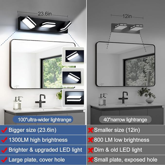 Torondo 360° Rotate LED Bathroom Vanity Light Fixtures, Acrylic Vanity Lights for Bathroom, Modern Wall Lighting Fixtures Over Mirror Living, Matte Black, Natural White, 3-Light, 23.6-Inch