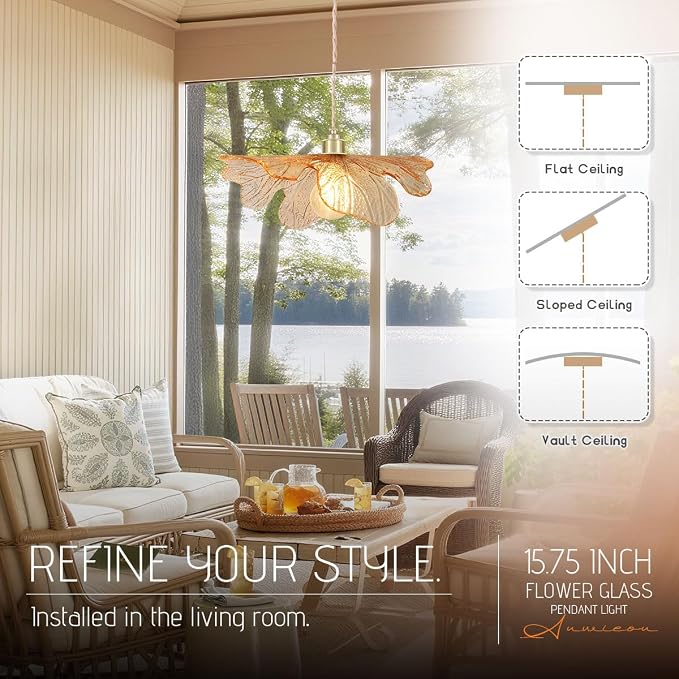 Modern Gold Brass Pendant Lights Kitchen Island, 15.74" Large Glass Pendant Light Mid Century Ceiling Hanging Lighting with Amber Hand Blown Glass Shade for Bedroom Dining Room