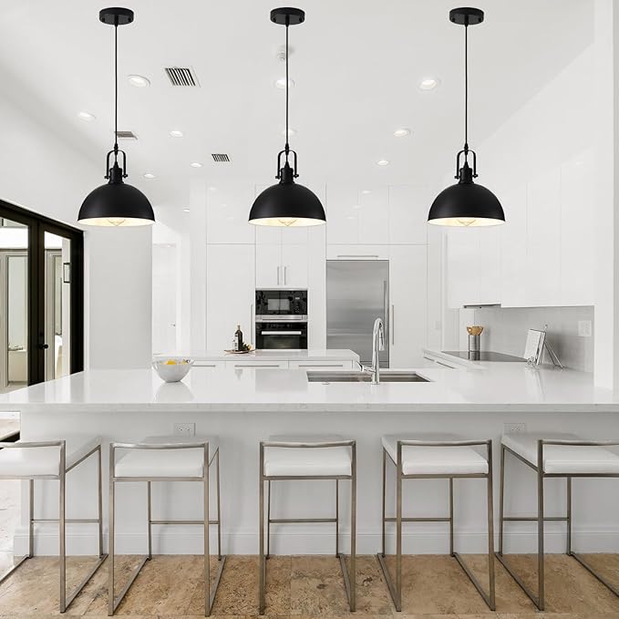 Pendant Lights Kitchen Island 3 Pack, Modern Matte Black Metal Hanging Light Fixtures, Adjustable Height Industrial Pendant Lighting for Dining Room Bedroom Bar Office 9.84”