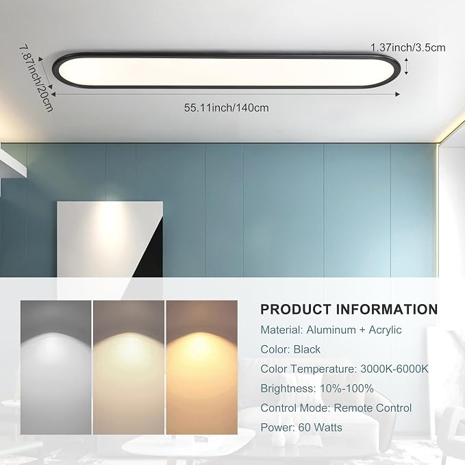 55.1" High Brightness Linear LED Ceiling Lamp, 60W Dimmable Low Profile Flush Mount LED Flat Panel Long Ceiling Light Fixture for Kitchen Office Laundry Shop, Black