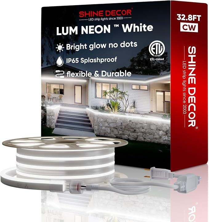 LED Neon Rope Lights AC 120V, Expandable & Cuttable 120LEDs/M Bright Strip Lighting, ETL Cold-Resistant & IP65 Waterproof for Indoor Outdoor, 8x16mm, 6300K Cool White, 32.8ft