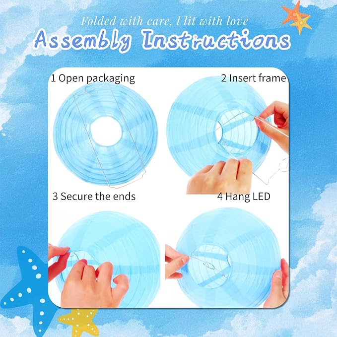 Light Blue Chinese Paper Lanterns with LED Lights, 10-Pack 12in | Hanging Lights for Gender Reveal, Beach Party, Birthday Decorations, Ceiling Decor & Home Party