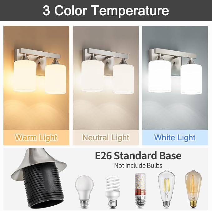 ZHU YAN 2-Light Bathroom Vanity Light,Brushed Nickel Bathroom Light Fixture,Milky White Glass Shades,Modern Bathroom Wall Lamp for Mirror Living Room Cabinet Bedroom E26 Socket