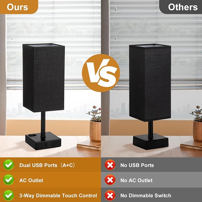 3000K Black Table Lamp for Bedroom - Dimmable Touch, USB C+A, AC Outlet | 3-Way Dimming, 3000K Warm White Bulb Included, Nightstand Lamp with Square Linen Shade, Small Room Decor for Men, Boys, Desk
