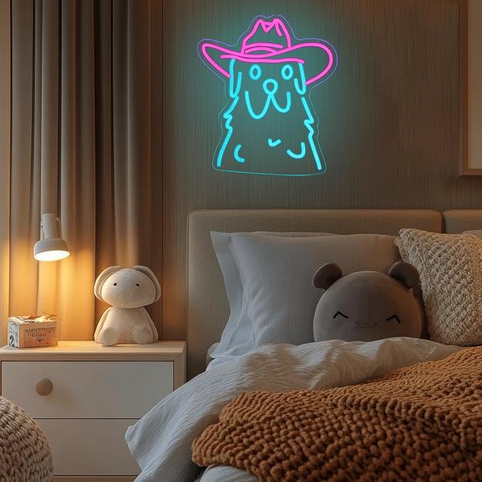 Cowboy Dog Neon sign Pink Blue Neon Signs for Wall Decor Dimmable Cowboy Neon Lights for Animal Decor Wall Bar Bedroom Kidsroom Business Game Room