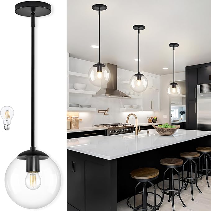 8 Inch Black Mid Century Pendant Light Globe Clear Glass Fixture Lights Kitchen Island Globe Pendant Light Mid Century Adjustable Hanging Farmhouse Lights Fixtures for Kitchen Island
