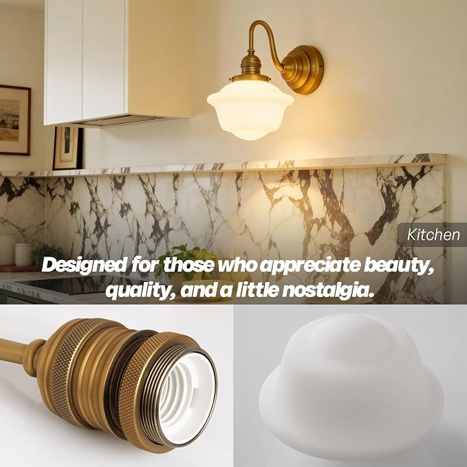 Vintage Wall Sconce Brass Gold Milk Glass Bathroom Vanity Light | 1 Pack,Bathroom Light Fixtures,Antique Brass,Frosted Milk Glass,Hardwired Only,E26 Base,for Bathroom Mirror Hallway