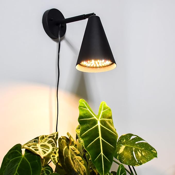 Wall-Mounted Grow Light 25W Full Spectrum Plant Light | 3300K Full Spectrum Plant Light, 350°Adjustable Head, Timer & Black Metal Shade, for Flowers, garden Growing