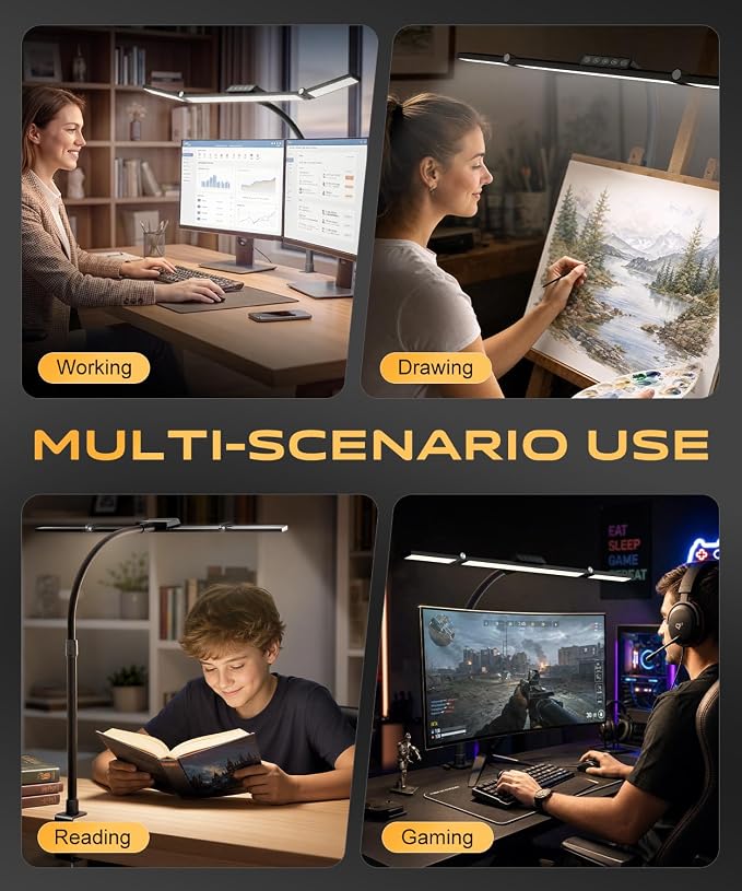 LED Desk Lamps for Home Office, Desk Light with Remote & Touch Control, Stepless Dimming,5CCT,Motion Sensor Auto On/Off, Eye-Caring Desk Lamp with Clamp for Study, Reading,Dual Monitors,Black