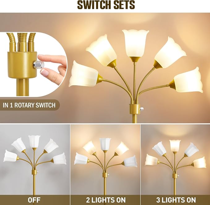 Medusa Floor Lamp, Multi Head Modern Tall Lamp with Adjustable Gooseneck Standing Gold Lamps for Living Room Kids Room&Bedroom-5 White Lampshades-Bulb Not Included