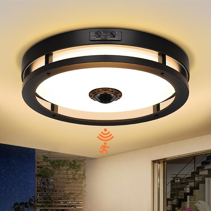 Outdoor Motion Sensor Flush Mount Ceiling Light, 12" Dusk to Dawn Porch Modern Black Exterior Light, Ceiling Light Fixture 1 Pack for Patio, Garage, Entry