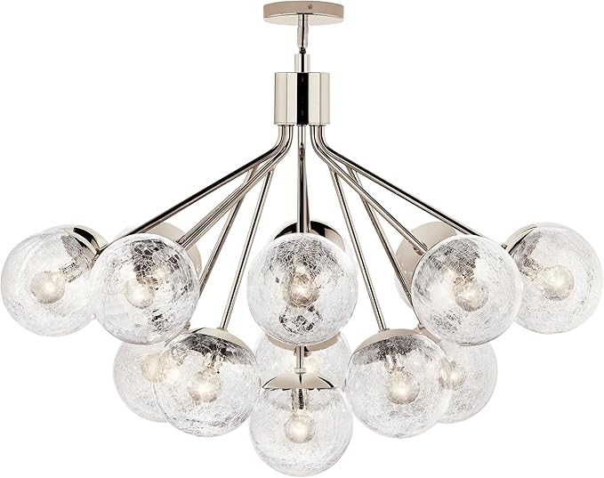 Kichler Silvarious 16-Light Convertible Chandelier, Soft Modern Light with Clear Crackled Glass in Polished Nickel, for Dining Room, Living Room or Foyer (26" x 38"), 52702PN