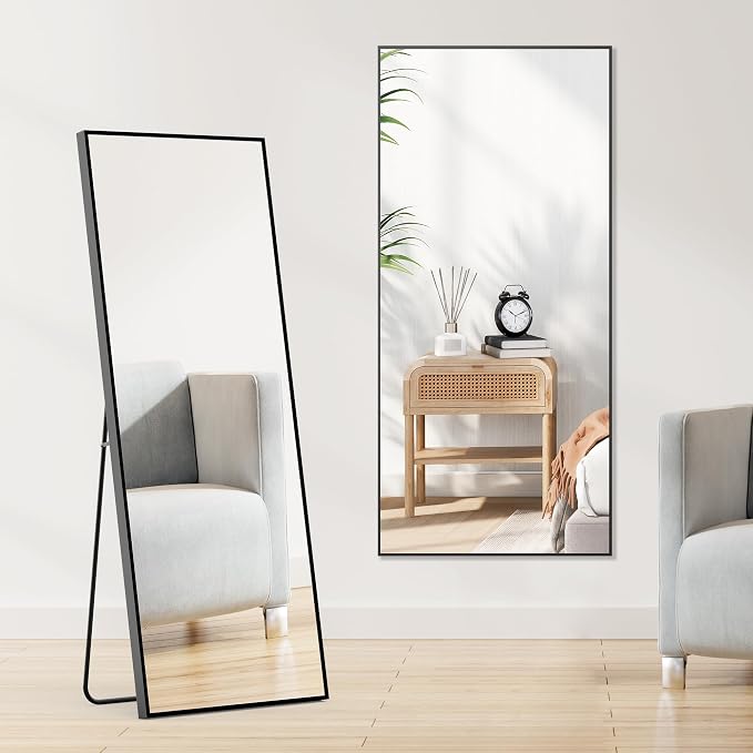 DUMOS Full Length Mirror 64"x21" Full Body Floor Mirrors for Bedroom or Cloakroom, Can Stand Alone, Hang or Lean Against Wall, Tall Wall Mirror with Stand, Black