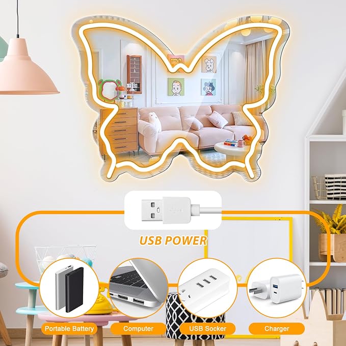 Butterfly Neon Sign Mirror, LED Neon Signs for Wall Decor, 15.7'' x 12'' Dimmable Neon Light for Teen Girls & Kids Birthday Party Gift, Neon Sign for Girl Room Decor, Wall Mirror, USB Powered (Warm White)