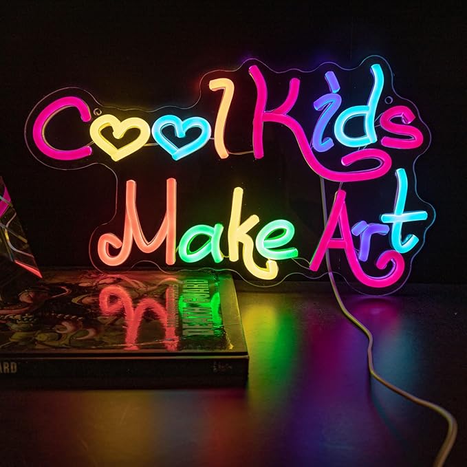 Cool Kids Make Art Neon Sign for Classroom, Art Neon Light Wall Decor, Kids Neon Light Sign Colorful Letter Led Neon Lights for Bedroom Library School Decoration 14.17 x 8.27 inch