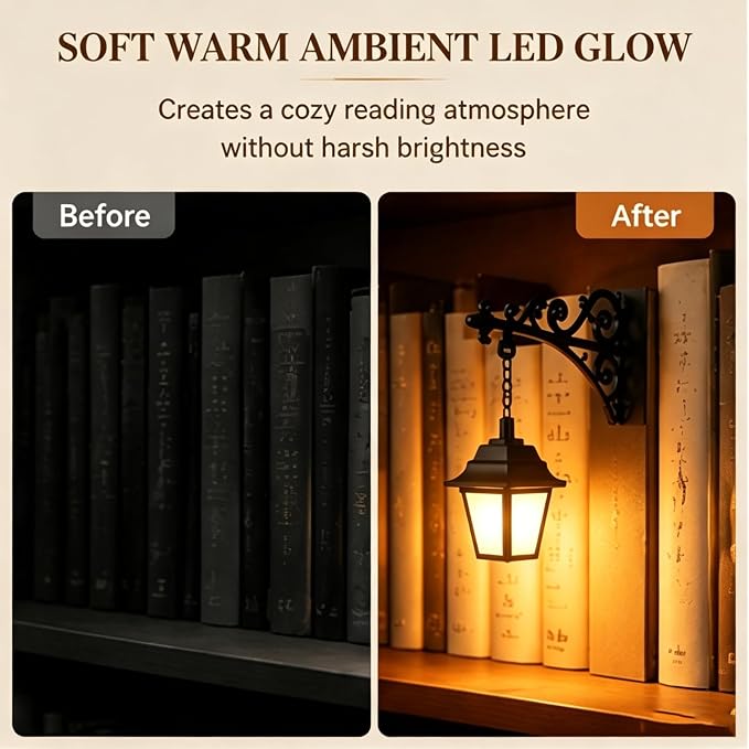 Library Lantern Bookshelf Lamp, Decorative Bookshelf Light with Warm LED Nightlight, Mini Nook Light for Bookshelf, Portable Table Desk Luminaire, Hanging Bookshelf Decor for Book Lovers