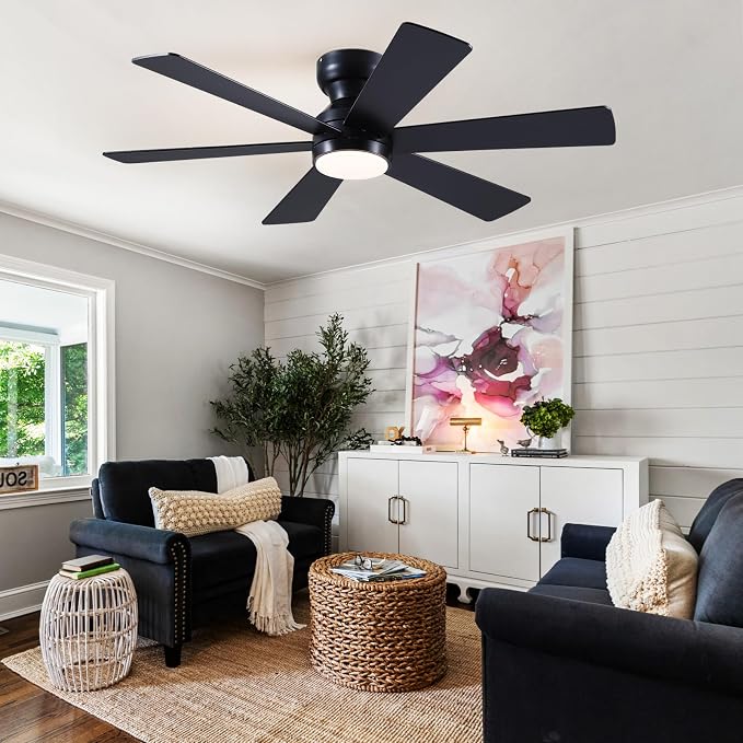 Asyko 46"Black 6-Blade Modern Low Profile Ceiling Fan with Light and Remote | 6 Double-Sided Blades,6 Wind Speeds, Reversible,Dimmable 3 CCT LED Light, 25W Quiet DC Motor,1/2H Timer,for Bedroom Kitchen